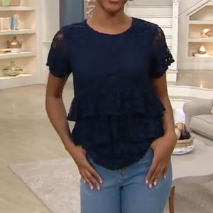 DO JOUR TIERED KNIT LACE TOP BLUE BACK KEYHOLE XL